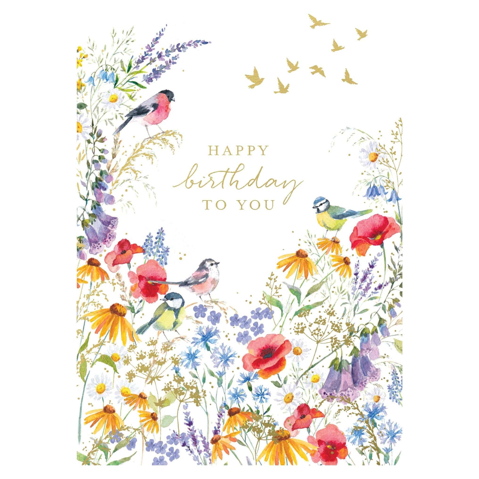 Pictura Birds on Flowers birthday card featuring colorful bird illustrations on floral background, perfect for celebrating special occasions.